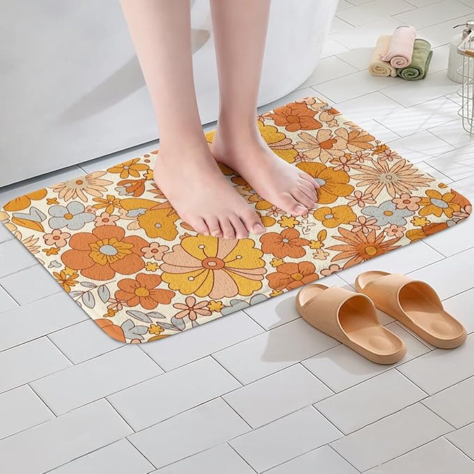 Erosebridal Hippie Flower Bath Mat Groovy Birthday Decorations Non Slip Bath Rugs Cute Rainbow Floral Super Cozy Bathroom Rug 16x24 for Girls Women Bedroom Decor Retro 70s Theme Bathroom Accessories