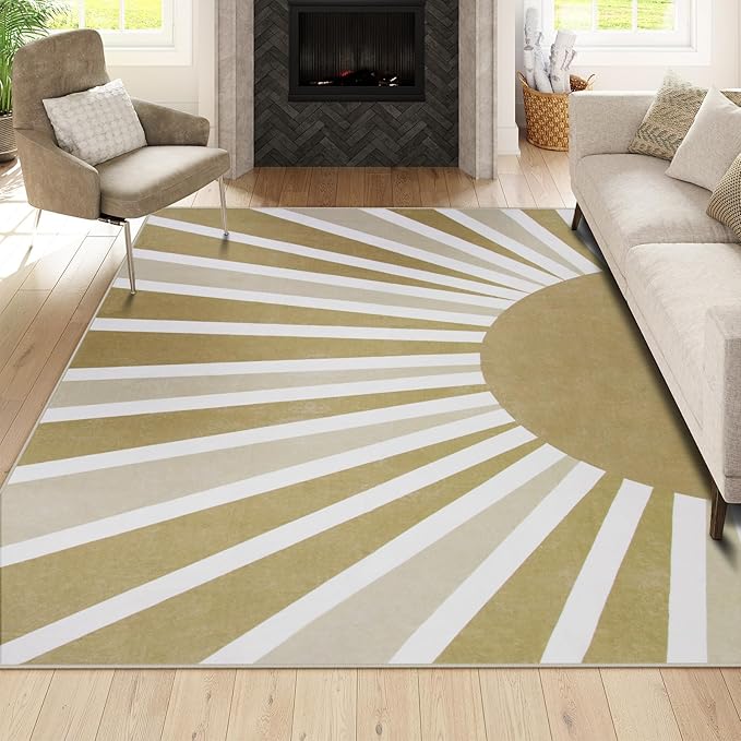 Lahome Area Rugs 9'x12' - Non-Slip Washable Living Room Rug 9x12 Ultra-Thin Large Soft Bedroom Rugs, Boho Rainbow Sun Print Indoor Non-Shedding Floor Rug for Dining Room Table Office (9'x12', Khaki)