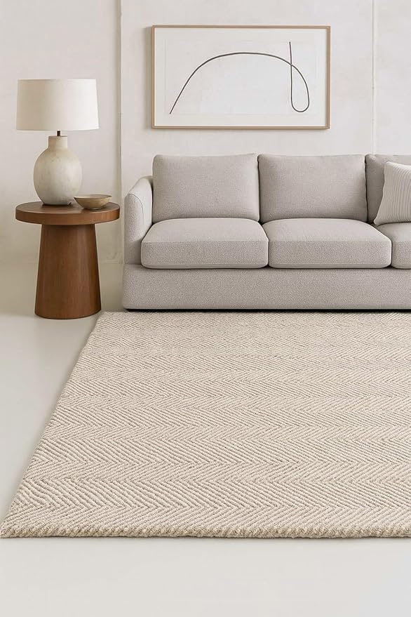 Modern Herringbone Chevron Collection Handcrafted Wool Area Rug - Durable, Zigzag Pattern, for High Traffic, Contemporary Design for Living Room, Bedroom, Dining Room Decor (Sand Beige, 8' x 8')