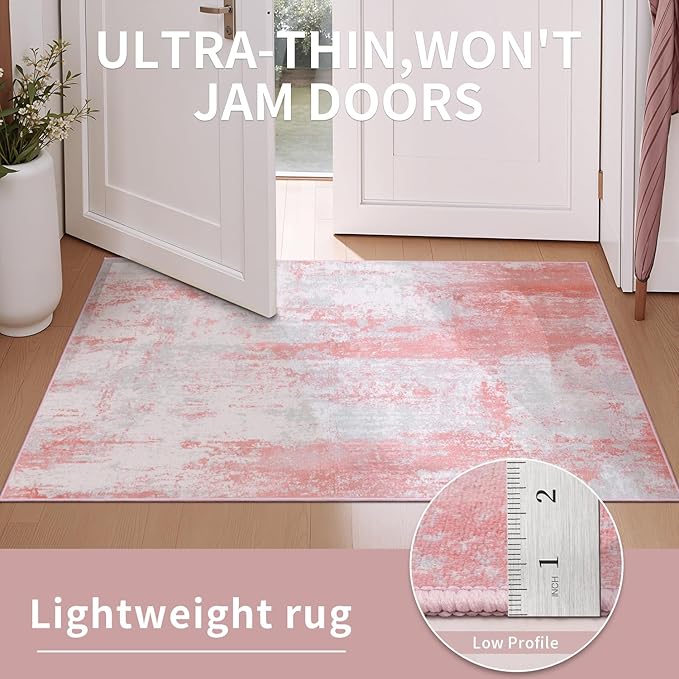 Ciicool 2x6 Washable Runner Rug, Modern Abstract Hallway Rugs Runner, Non-Slip Thin Accent Rug Lightweight Pink Gray Print Distressed Carpet for Laundry Entryway Bedroom Kitchen Indoor