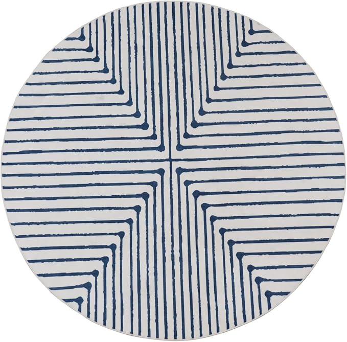 GLN Rugs Contemporary Collection - Machine Washable Area Rug, Contemporary Washable, Non Slip, Low Pile Chenille Rug, Living Room, Bedroom, Kitchen Rug (5'3" Round Blue Ivory)