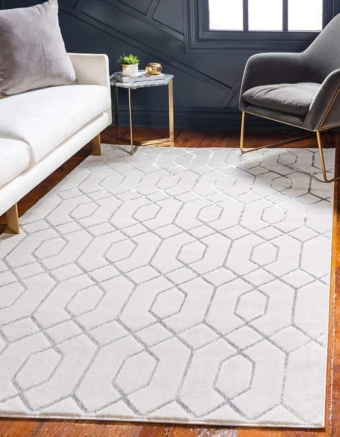 Marilyn Monroe Glam Collection Area Rug - Trellis (7' 10' x 10' Rectangle, White Silver/ Silver)