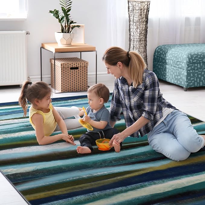 Abstract 3x5 Area Rug, Modern Stripe Teal Rugs for Entryway, Washable Soft Door Mat Non-Slip Floor Carpet for Dining Room Kitchen Bedroom - Teal/Multi