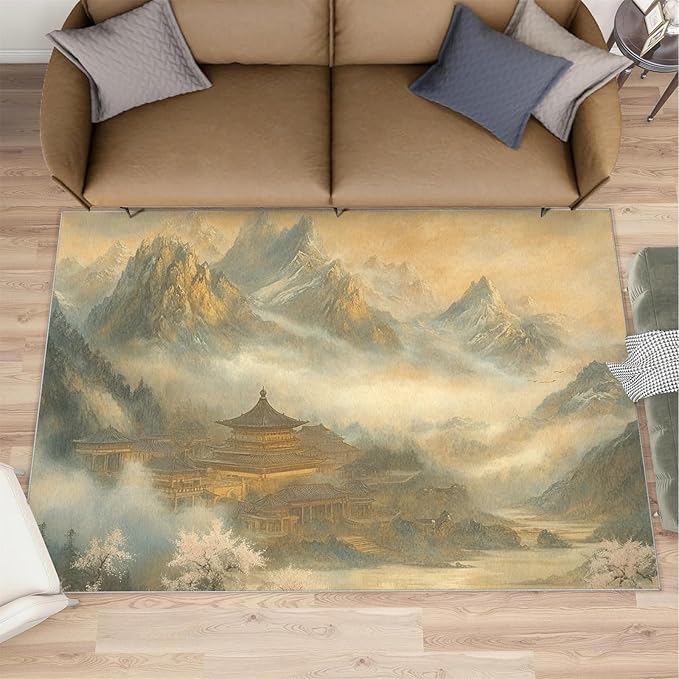 Misty Peaks Rugs for Bedroom - 3x5 Area Rug - Classic Fairy Palace Rugs for Living Room, Fairy Forest Rug, Washable Home Decor Carpet