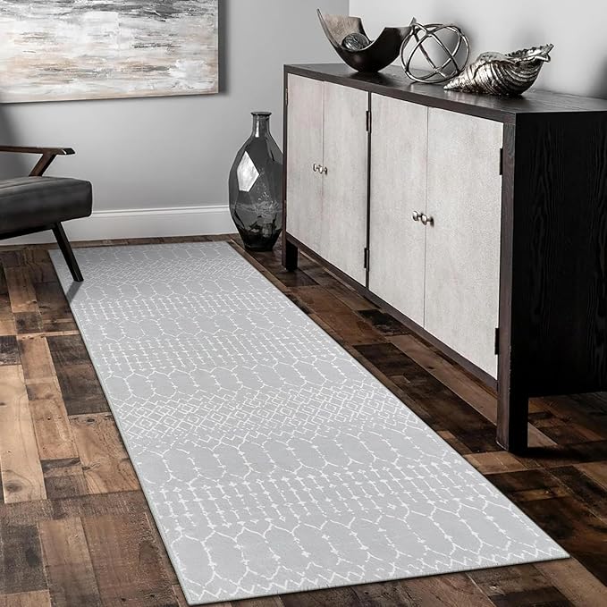 Lahome Moroccan Runner Rugs for Hallway 2x8 Throw Ultra-Thin Kitchen Rugs Runner Non Skid Washable Non-Slip Entryway Carpet Grey Distressed Print Mat for Bathroom Bedroom Laundry Room
