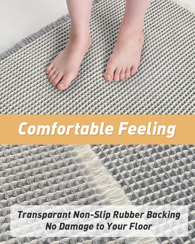 Upgraded Waffle Runner Rug Super Absorbent Non Slip Bath Mats for Bathroom Machine Washable Bathroom Runner Rug with Tassels, Ideal for Hallway Bedroom Laundry Room, 17" x 48", LightGrey & Cream