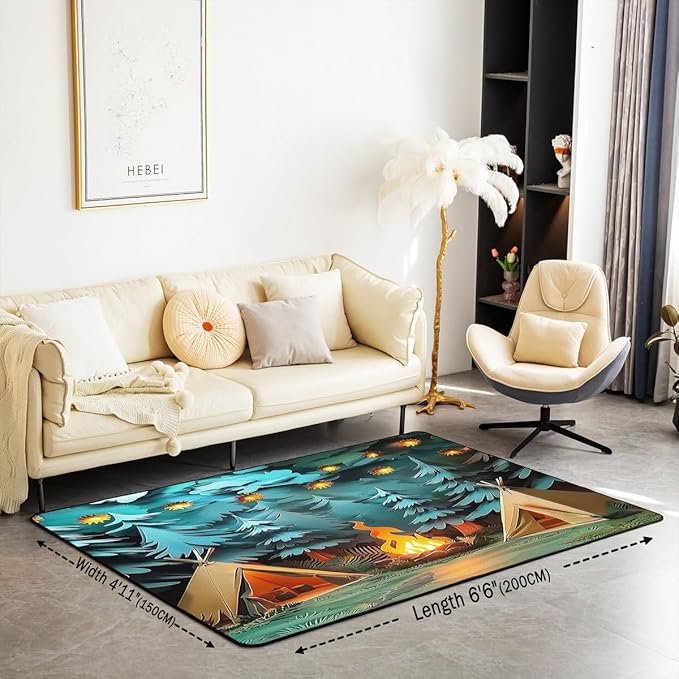 Camping Large Area Rug 5x7 Woodland Camp Living Room Rug | Vintage Camfire Tent Rugs for Bedroom, Camper Decor Rustic Carpet Indoor Floor Mat,Farmhouse Decor