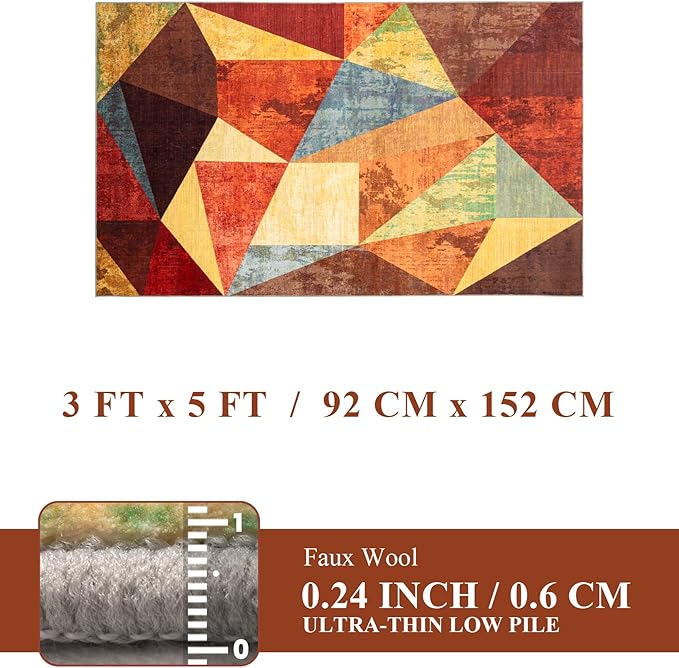 YIHOUSE Brown Rustic Area Rugs 3x5,Geometric Burnt Orange Area Rug Non Slip,Farmhouse Rugs Washable,Burgundy Carpets for Bedroom, Boho Rug for Kitchen,Dining Room
