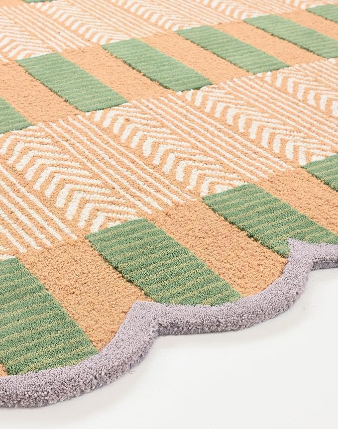 Handmade Scalloped Wool Area Rug - Modern Geometric Pattern, Green-Beige Stripes, Checkered Chevron Design - Soft, Durable Thick Carpet for Living Room, Bedroom (Beige, 9' x 12')