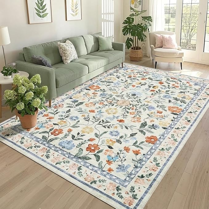 5x7 Washable Non-Slip Rug, Vintage Floral Area Rug for Living Room, Low Pile Farmhouse Distressed Carpet for Nursery Playroom Dorm Teens Office, Green