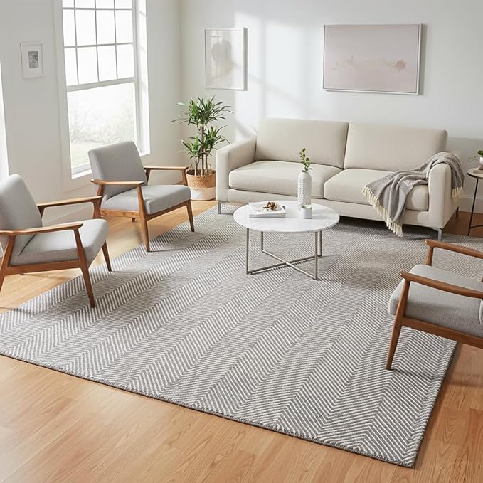 Modern Herringbone Chevron Collection Handcrafted Wool Area Rug - Durable, Zigzag Pattern, for High Traffic, Contemporary Design for Living Room, Bedroom, Dining Room Decor (Smoke Grey, 6' x 8')