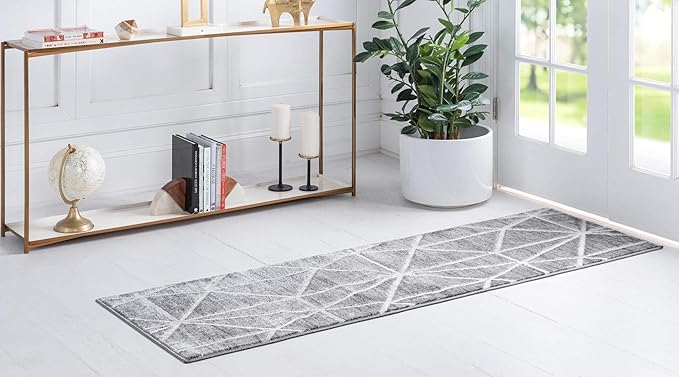 Rugs.com Lattice Trellis Collection Rug – 6 Ft Runner Gray Low-Pile Rug Perfect for Hallways, Entryways