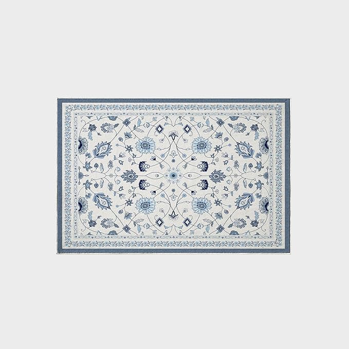 EVERGRACE Area Rugs for Entryway 2x3, Boho Floral Faux Wool Indoor Outdoor Small Rugs, Washable Rugs for Bedroom Bathroom Laundry Doormat, Low Pile Floor Mat Carpet for Home Decor, Porcelain Blue