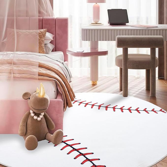 Soft Round Rugs for Bedroom, Baseball Rug for Boys, Bedside Area Kids Carpet, Baseballs Lovers Home Decor Indoor Circle Carpets for Living Room, Nursery, Dorms Machine Washable,47 Inch
