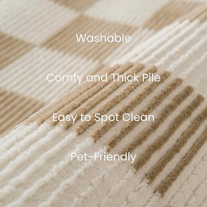 Revival Rugs Gambit 3'11" x 6'1" Checkered Rug Machine Washable Area Rug for Kitchen Bedroom - 100% Recycled Oeko-TEX Certified, Medium Pile, Camel, Beige