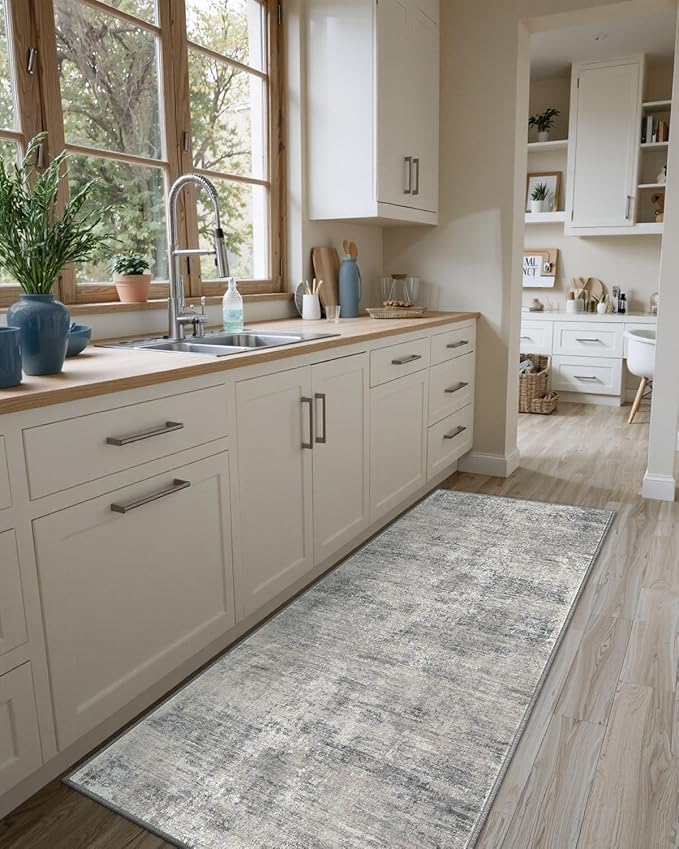 DEXI Hallway Runner Rug 3x8, Modern Abstract Non Slip Thin Soft Runners Carpet, Stain Resistant Washable Indoor Rug for Hallway Entryway Kitchen Laundry Room Living Room, Blue
