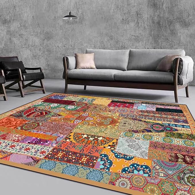 Vintage Boho Area Rugs Multicolor Ethnic Style Geometric Splicing Carpets Bedroom Living Room Kitchen Floor Mats Indoor Outdoor Non-Shedding Runner Rug Home Décor Carpet 4' X 7'