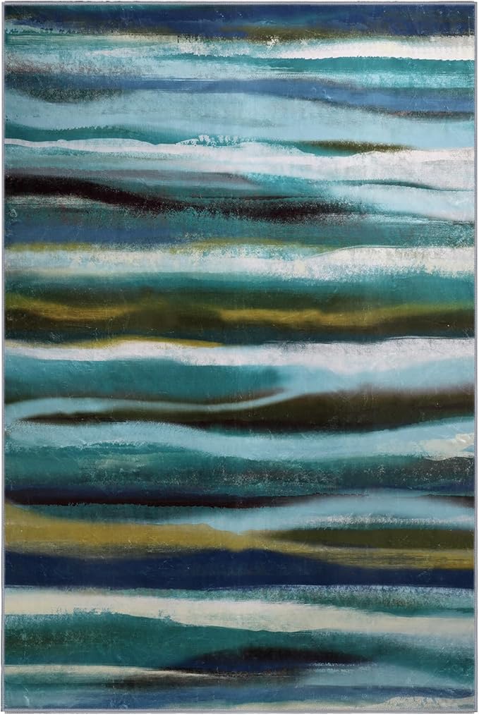 Abstract 3x5 Area Rug, Modern Stripe Teal Rugs for Entryway, Washable Soft Door Mat Non-Slip Floor Carpet for Dining Room Kitchen Bedroom - Teal/Multi