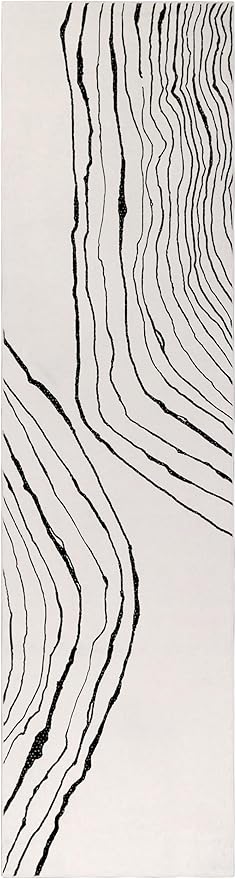 GLN Rugs Contemporary Collection - Machine Washable Area Rug, Contemporary Washable, Non Slip, Low Pile Chenille Rug, Living Room, Bedroom, Kitchen Rug (2'6" x 10' Beige Black)