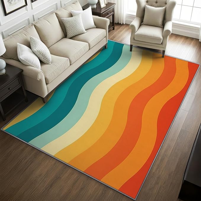 70s Rugs for Bedroom - 6x9 ft, Retro 70s Rug, Vintage Abstract Wave Living Room Rug, Colorful Groovy Washable Area Rugs for Bedroom, Retro Swirl Striped Home Decor & Gifts