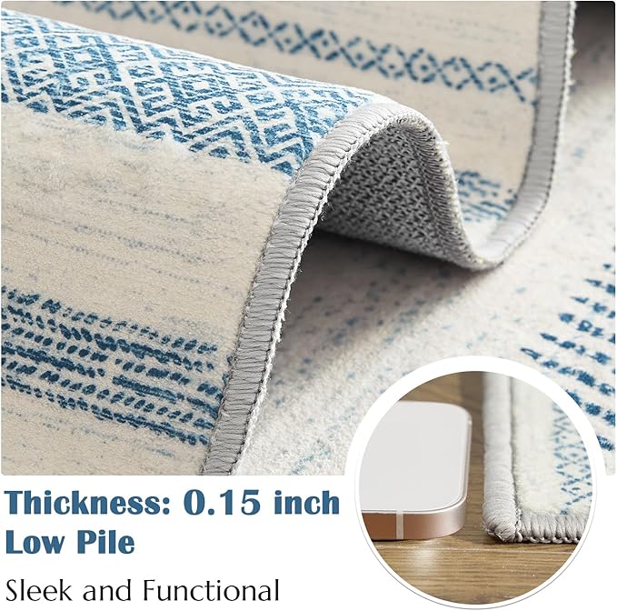 jinchan Moroccan Boho Runner Rug 2x6 - Machine Washable Non-Slip Low-Pile Soft Bohemian Runner Rug for Entryway Hallway Kitchen Bedroom Laundry Room (2‘x6', Blue)