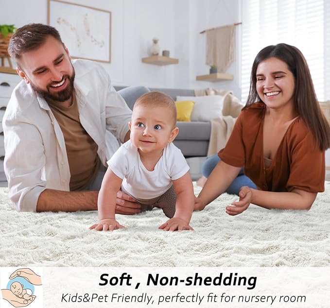 Beglad Shag Rugs for Living Room, Cream White Area Rugs 5x7 Feet Upgrade Anti-Skid Modern Minimalist Style Memory Foam Rugs for Bedroom, Indoor Carpet Suitable for Girls and Adults Room Decor