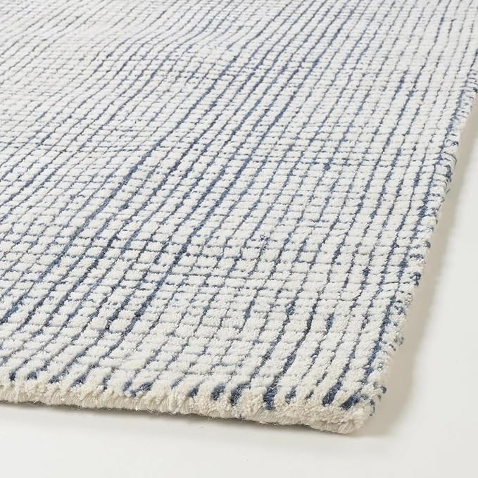Hand-Tufted 100% Wool Pile Area Rug – Geometric Textured Grid Check Pattern – Thick and Durable Floor Carpet for Bedroom, Living Room, Kids Room, and Dining Area (Indigo Blue, 9' x 9')
