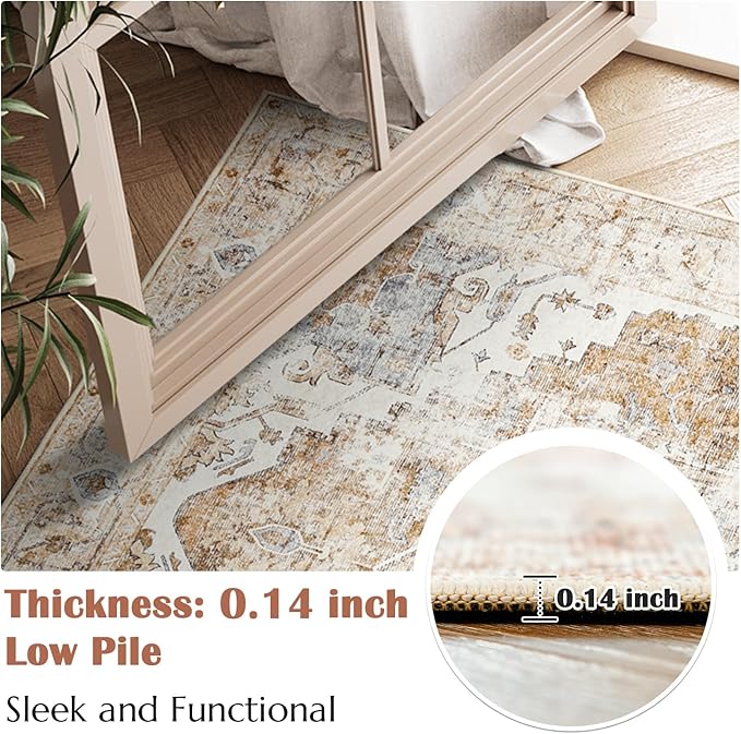 jinchan Area Rug 3x5 Washable Entryway Rug Vintage Indoor Doormat Distressed Thin Mat Lightweight Non-Slip Stain Resistant Low Pile Carpet for Kitchen Living Room Bedroom Dining Room Office Brick Red