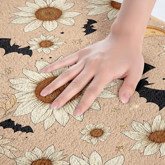 Groovy Daisy Bathroom Rugs for Girls Women Retro Flower Floral Bath Mat Moon and Stars Non Slip Bath Rugs Psychedelic Outer Space Planets Fluffy Plush Rugs 20x32 Halloween Bats Shower Carpet