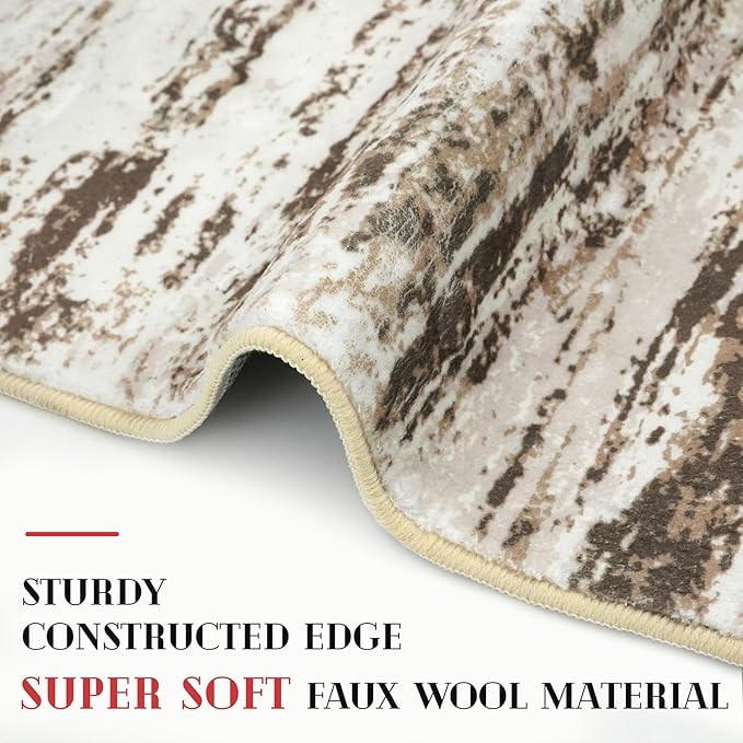 Modern Abstract Small Area Rug Indoor 3x5 Washable Rug Non-Slip Soft Entryway Rug Beige Kitchen Mats Thin Print Faux Wool Floor Carpet Throw Rugs for Entrance Bedroom Office Home Decor