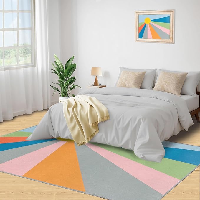 Boho Sun Area Rugs 6x8ft, Abstraction Deco Living Room Area Rug, Minimalist Sunburst Play Rug with Carpet Tape Double Sided for Bedroom Office Home Decor