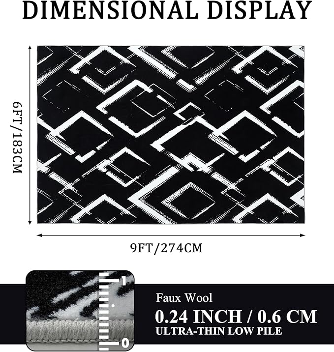 YIHOUSE Black Modern Geometric Area Rug 6x9, Black and White Rug with Abstract Diamond Patterns,Non-Shedding Washable Rugs for Bedroom, Home Office and Living Room