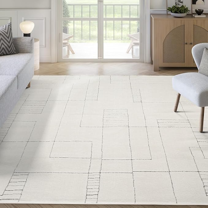 Abani Cream Area Rug – 4' x 6' – Oliver Collection – Geometric Linework Pattern – Non-Shedding, Easy to Clean – Durable for Living Room, Bedroom, or Office, Pet & Child Friendly