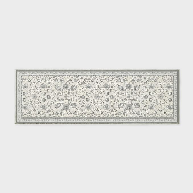 EVERGRACE Hallyway Area Runner Rugs 2x6, Boho Floral Faux Wool Indoor Outdoor Rugs, Washable Rugs for Bedroom Bathroom Living Room Kitchen, Low Pile Floor Mat Carpet for Home Decor, Cool Gray