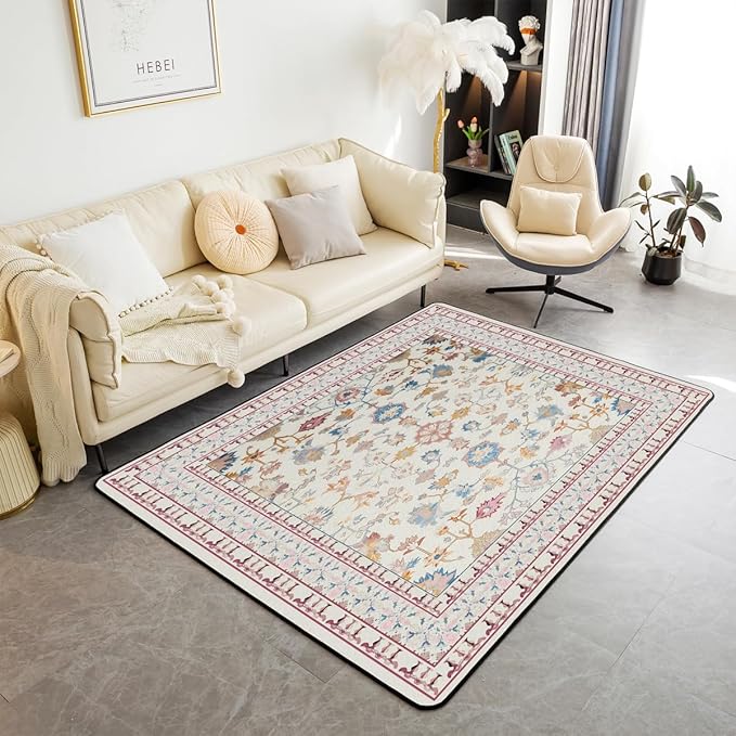 Boho 5x7 Area Rug Vintage Floral Living Room Rug | Art Deco Abstract Rugs for Bedroom, Retro Tribal Aesthetic Oriental Carpet Indoor Floor Mat