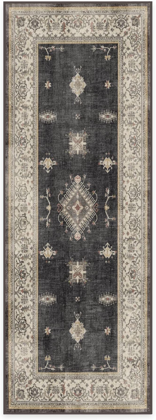RUGGABLE Washable Vintage Runner Rug – Verena Dark Wood 2.5x7, Stain-Resistant, Non-Slip Hallway Runner – Machine Washable Rug for Hallway, Entryway, Living Room & Kitchen–with Standard Pad