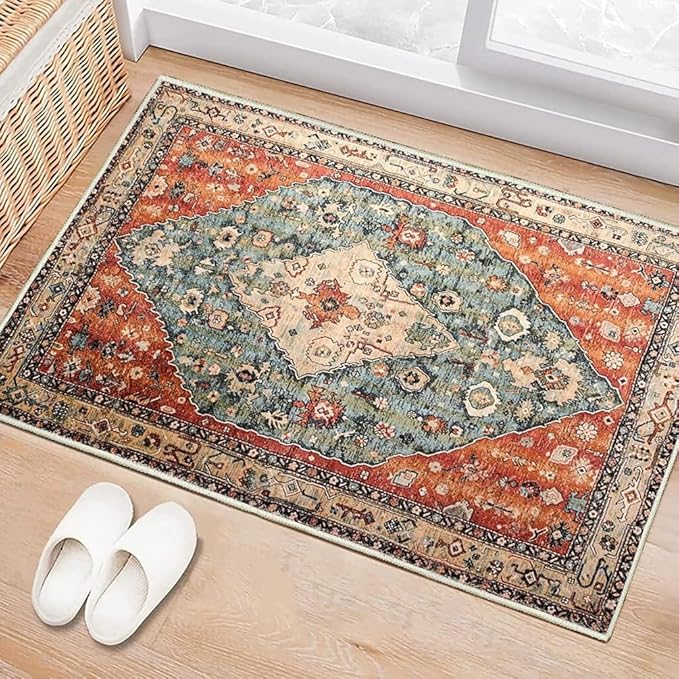 Boho Vintage Oriental Entry Rugs for Entrance Non-Slip Washable Tribal Small Area Rug,Ultra Soft Bohemian Floral Medallion Low-Pile Indoor Front Door Mat for Bedroom Kitchen Bathroom 20" x 32"