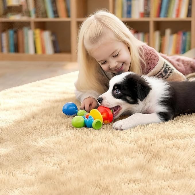 4x4 Round Solid Fluffy Camel Area Rug – Washable, Durable, Circle Bedroom Rug, Non-Slip High Pile Shag Rugs for Living Room, Bedside, Dorms, Nursery Rooms, Kids Room, Soft Indoor Floor Carpet