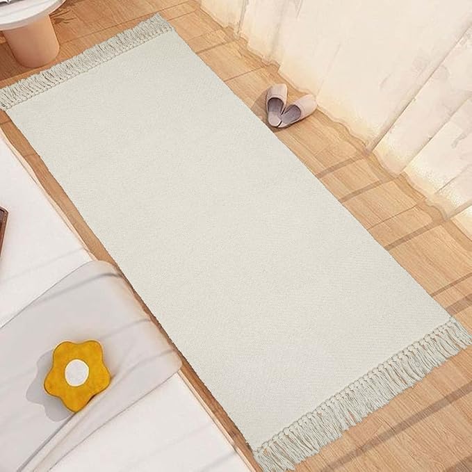Collive Kitchen Runner Rug, 2' x 4.3' Hand-Woven Reversible Washable Rug, White/Beige Cotton Modern Farmhouse Bathroom Rug Hallway Carpet for Foyer Bedroom Entry Back Door Decor
