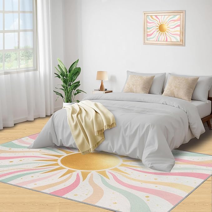 Boho Sun Area Rugs 5x6ft, Minimalist Sunburst Rugs for Kids Bedroom, Abstraction Deco Office Rug Low Pile are Not Stumbling Foot for Living Room End Table Nursery