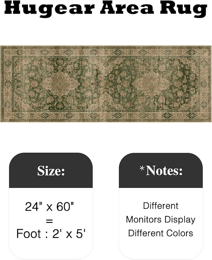 HUGEAR 2x5 Runner Rug Hallway Machine Washable Retro Green Vintage Floral Low Pile Carpet Distressed Long Throw Rug Bedroom Office Bathroom Kitchen Laundry Non Slip Soft Lightweight