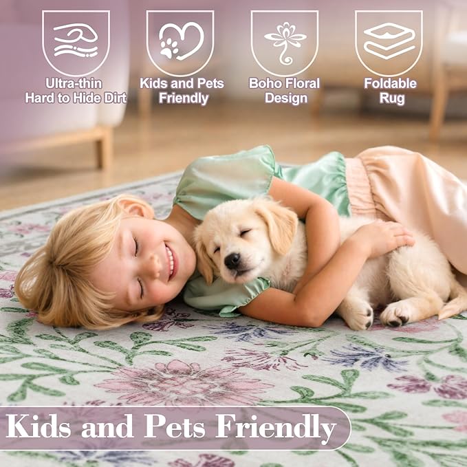 Wonnitar Boho Floral Area Rug 6x9, Washable Purple Rugs for Bedroom Girls, Non Slip Ultra-Thin Soft Indoor Baby Carpet for Nursery Dorm Kids Room Living Room, Light Purple/Pink