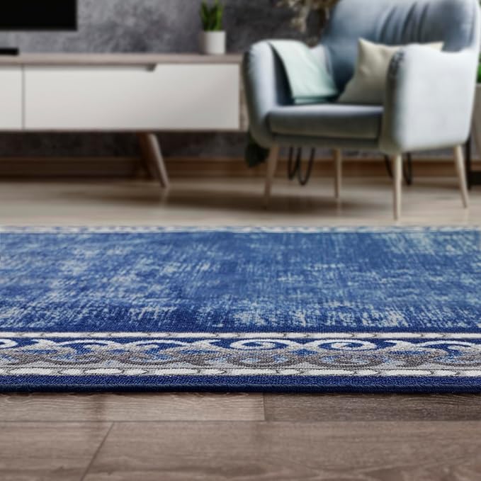 Antep Rugs Alfombras Bordered Modern 8x10 Non-Slip (Non-Skid) Low Pile Rubber Backing Indoor Area Rug (Navy, 7'10" x 10')