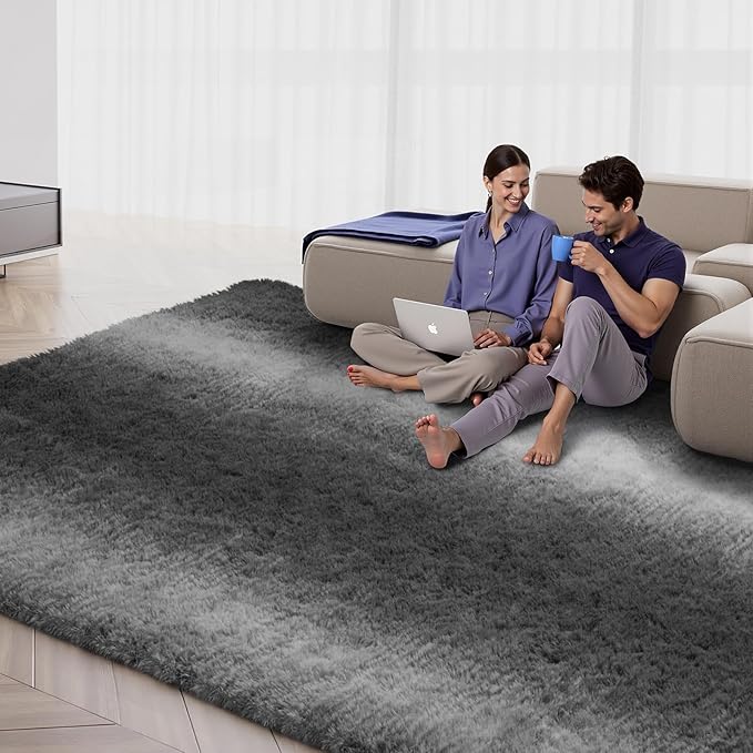Zentavio Grey White Gradient Area Rugs for Living Room, Rugs for Bedroom 6x9 Fluffy Carpet Soft Shag Aesthetic Plush High Pile Gray Throw Rug for Nursery Kids Room Dorm
