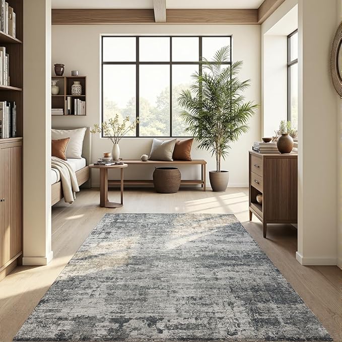 Area Rug 4x6 Washable Rug Black for Living Room, Dining Room, Bedroom, Large Carpets, Non Slip & Non-Shedding Low Pile Vintage Print Rug for Home Office Decor