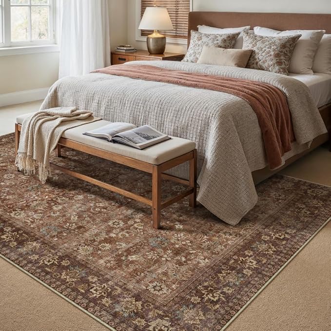 HUGEAR 8x10 Machine Washable Rugs Brick Red Hallway Large Area Rug Indoor Accent Rug Floral Low Pile Carpet Soft Throw Aesthetic Rug Bedroom Living Room Office Dining Room Kitchen Laundry Room