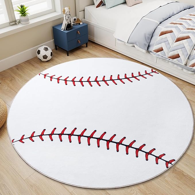 Soft Round Rugs for Bedroom, Baseball Rug for Boys, Bedside Area Kids Carpet, Baseballs Lovers Home Decor Indoor Circle Carpets for Living Room, Nursery, Dorms Machine Washable, 6ft Inch