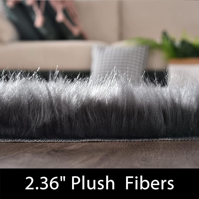 Latepis Dark Grey Rugs for Living Room Sofa 5x6.7 Faux Sheepskin Rug for Bedroom Plush Fluffy Rug Room Décor, Furry Rugs, Rectangle