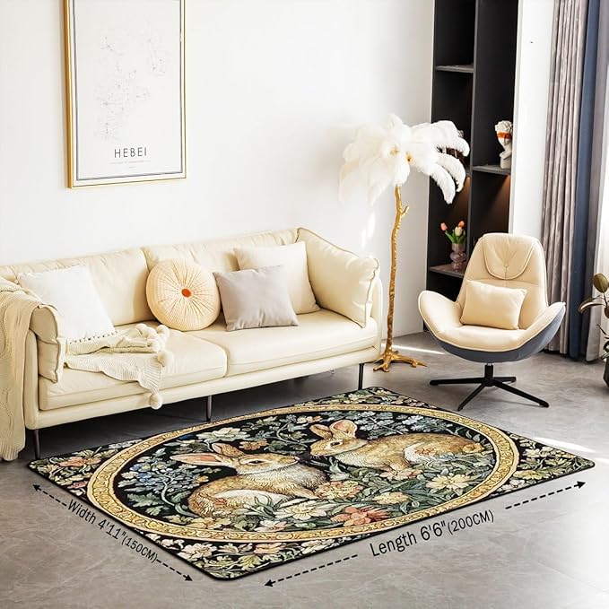 Rustic Rabbits Large Area Rug 5x7 Country Plant Leaves Floral Living Room Rug | Vintage Farmhouse Style Farm Animals Rugs for Bedroom, Cute Rabbit Botanical Carpet Indoor Floor Mat