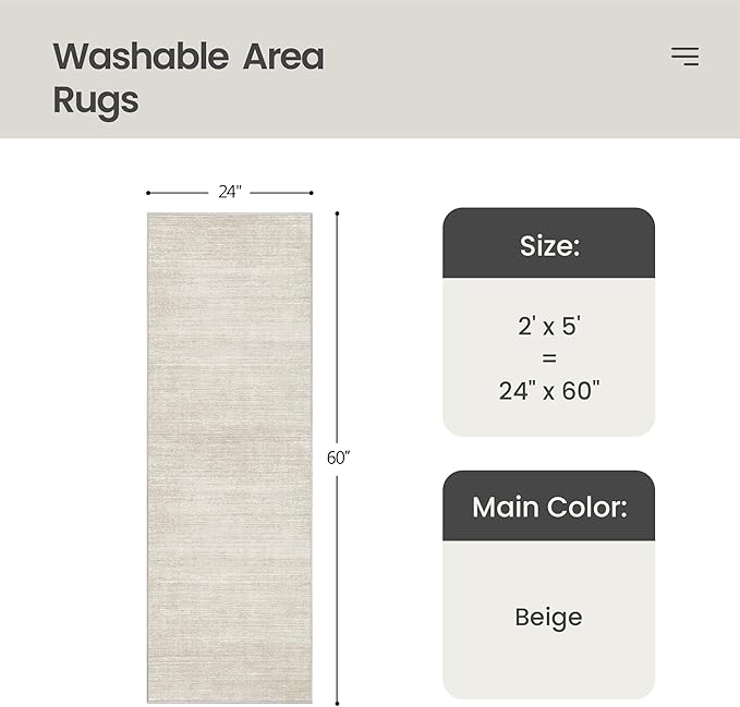 Valenrug Washable Rugs 2x5 - Stain Resistant 2x5 Area Rugs for Living Room, Non Slip Backing Large Area Rugs for Bedroom, Folable Machine Washable Area Rug (2'x5', Beige)